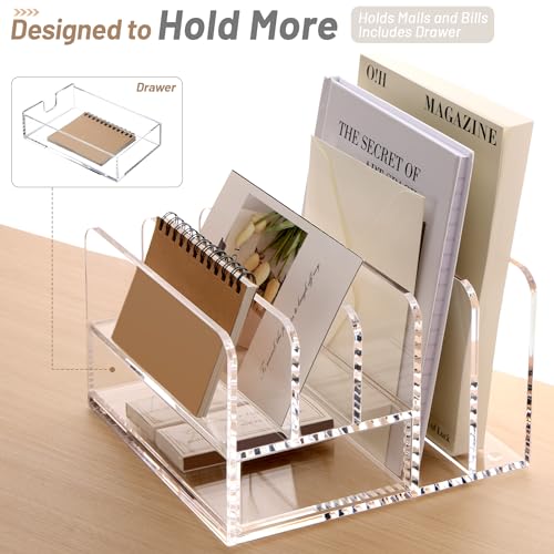SANRUI Clear Acrylic Mail Organizer with 5 Compartments and 1 Drawer - size: 5 Slots with Drawer
