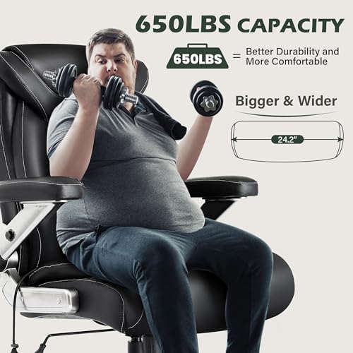 Large Big and Tall Office Chair 650lbs with Thick Spring Cushion, 5D Flip Arm Ergonomic Executive Office Chair Adjustable Lumbar Airbag&Extra Wide, Comfy Padded Heavy Duty Game Chair Dual Rubber Wheel - color: Black