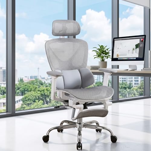 LuxErgo High Back Ergonomic Mesh Office Chair, Home Desk Chair with Adjustable Lumbar Support Foot Rest, 3D Headrest and Armrests, 350lbs Big and Tall High Back Reclining Gaming Chair, Gray - color: Grey