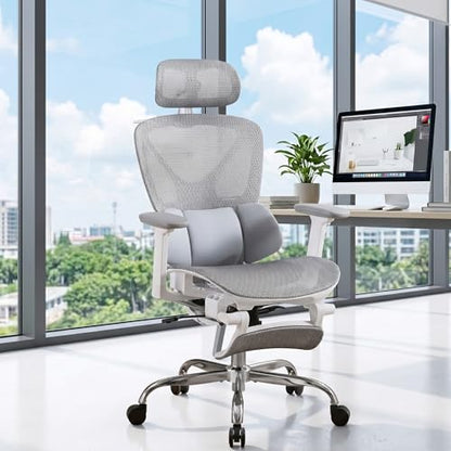 LuxErgo High Back Ergonomic Mesh Office Chair, Home Desk Chair with Adjustable Lumbar Support Foot Rest, 3D Headrest and Armrests, 350lbs Big and Tall High Back Reclining Gaming Chair, Gray - color: Grey