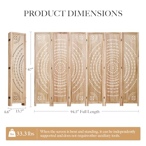 66.9Inch Folding Room Divider, 6 Panels Wood Carved Privacy Screens, Free Assembled Freestanding Partition for Home Office Restaurant Bedroom (Natural) - color: Natural, size: 6 Panels