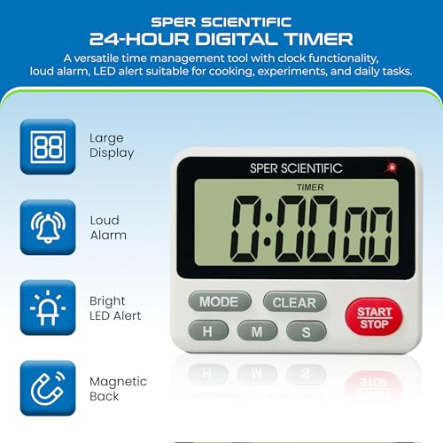 Sper Scientific 24-Hour Digital Lab + Kitchen Timer with LED Light 810001 - Precision Countdown Timer with Large Display, Loud Alarm & Clock Mode - for Cooking, Lab Experiments & More - size: 1 Pack