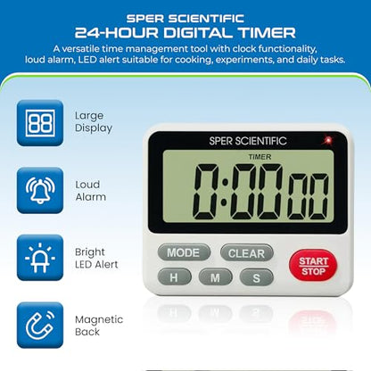 Sper Scientific 24-Hour Digital Lab + Kitchen Timer with LED Light 810001 - Precision Countdown Timer with Large Display, Loud Alarm & Clock Mode - for Cooking, Lab Experiments & More - size: 1 Pack