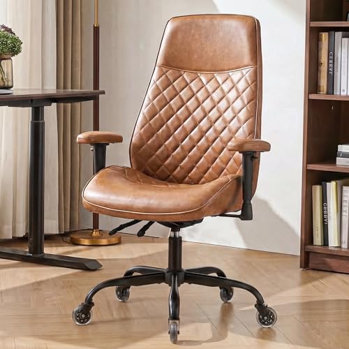 NEO CHAIR Brown Leather Office Chair with Ergonomic Design, Swivel Chair | Modern Computer Desk Chair with Lumbar Support, Adjustable Height Arms, Comfy Chair for Home Office, Smooth Rolling Design - color: E. High-back Brown