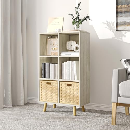 6-Cube Open Shelf Bookcase - 3-Tier Wooden Floor-Standing Bookshelf with Legs and Backpanel, Ideal for 11-inch Fabric Storage Bins and Miscellaneous Organizer, Oak - color: Oak, size: 6-Cube