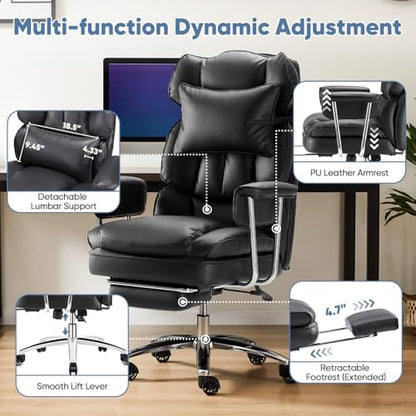 DUMOS Ergonomic Home Office Desk Chair, Executive Chair, PU Leather | Big Tall High Back, Lumbar Support, Reclining Height Adjustable, Computer Gaming, Footrest Swivel Wheels, Black - color: Black