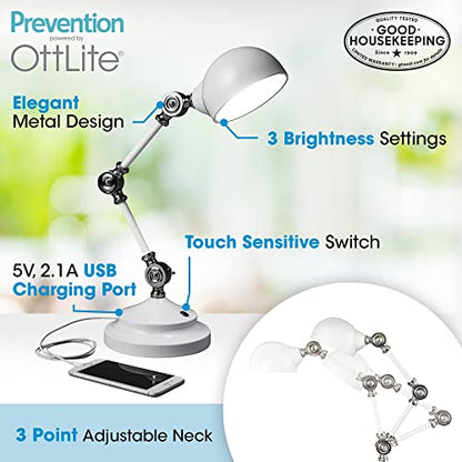 OttLite Prevention Pharmacy LED Desk Lamp with USB Charging, White