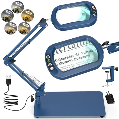 Drdefi 12X Square Magnifying Glass with Light and Stand, Real Glass LED Lighted Magnifier, 5 Color Modes Stepless Dimmable, Hands-Free Mag Desk Lamp with Clamp for Reading Craft Hobby Close Work Blue - color: Blue, size: 12X Base