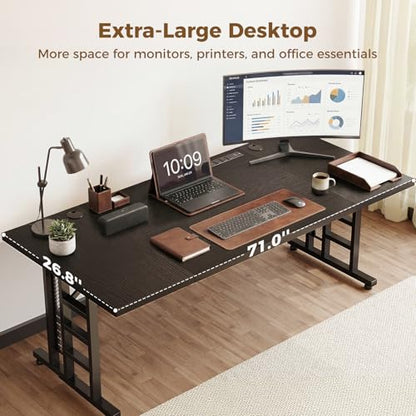 OffiGo 71 Inch Executive Computer Desk with Outlets, Black - color: Black, size: 71 Inch