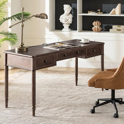 HULALA HOME 60 Inches Fluted Writing Desk with Charging Station, Walnut - color: Walnut