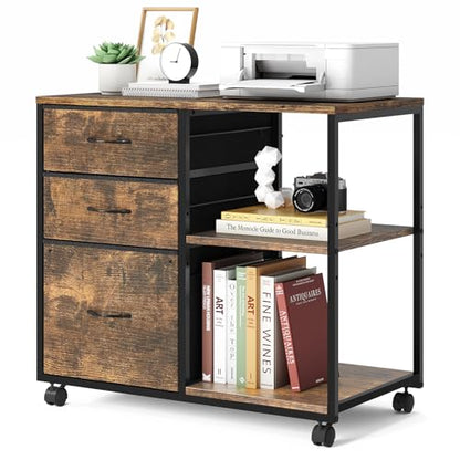 VINGLI 3 Drawer File Cabinet with Wheels Under Desk Printer Stand, Rolling File Cabinet with Shelves Adjustable, Mobile Lateral Filing Cabinet for Home Office, Fits Letter Size, Rustic Brown - color: Rustic Brown, size: Lateral 3 Drawers