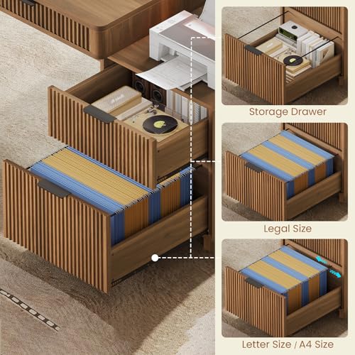 SEDETA Modern Office Desk with 4 Drawers, 59" Fluted Gaming Computer Desk with Storage, LED Lights and Power Strip, Wood Writing Desk Study Table for Home Office, Living Room, Bedroom, Brown - color: Brown