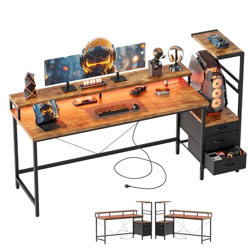 Mericonia 52 inch Gaming Desk with Drawers, Reversible Computer Desk, Brown - color: Brown, size: 51 inch