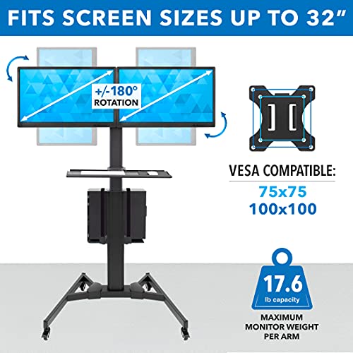 Mount-It! Dual Monitor Computer Cart – Mobile Standing Desk with Wheels, Rolling Workstation with Keyboard Tray, CPU Holder, and Adjustable Screen Mount for Office, Medical, or Warehouse - style: 2 Monitors