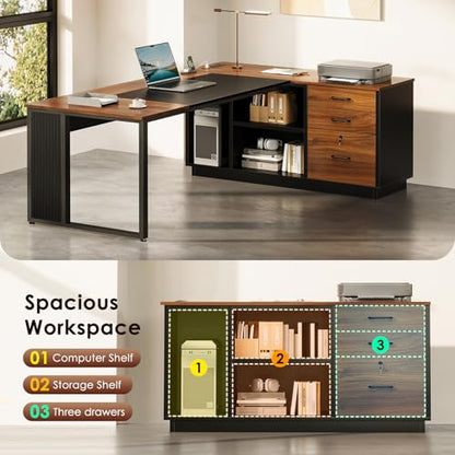 AODK 71 Inch L Shaped Executive Desk with Storage, Walnut+ Black | Computer Desk with 3 Wooden Drawers and File Cabinet, Corner Desk, Outlets, Home Office Computer Workstation - size: 71 Inch