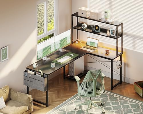 Casaottima L Shaped Gaming Desk with Hutch & Power Outlet & LED Lights