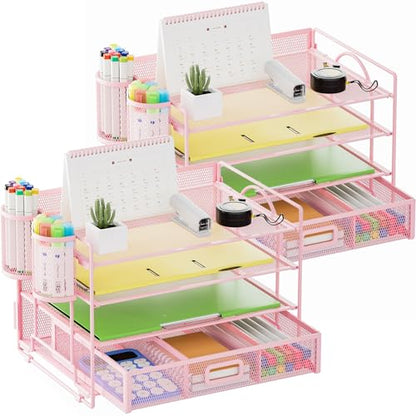 Marbrasse Desk Organizer, 4-Tier Paper File Letter Tray, Pink-2P | Sturdy Paper Tray, File Holder, Built-in Drawer, 2 Pen Slots, fits Letters/Files, for School Home Office Supplies - color: Pink with Pen Holder 2P