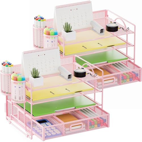 Marbrasse Desk Organizer, 4-Tier Paper File Letter Tray, Pink-2P | Sturdy Paper Tray, File Holder, Built-in Drawer, 2 Pen Slots, fits Letters/Files, for School Home Office Supplies - color: Pink with Pen Holder 2P