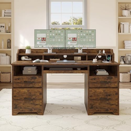 Bestier 59" Executive Desk with Charging Station & Monitor Stand, Brown - color: Natural Rustic Brown