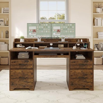 Bestier 59" Executive Desk with Charging Station & Monitor Stand, Brown - color: Natural Rustic Brown