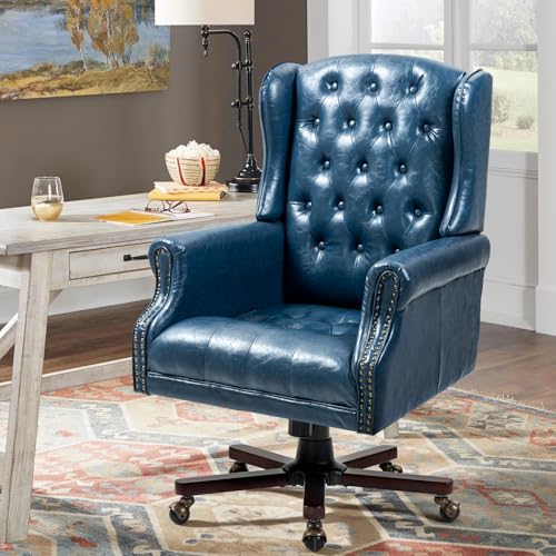 Executive Desk Chair, Ergonomic 360° Swivel Recliner Chair, Blue | Faux Leather Wingback Home Office Chair with Nail Head Trim & Tufted Back, Big and Tall Office Chair for Home and Living Room - color: Deep Blue, style: Classic
