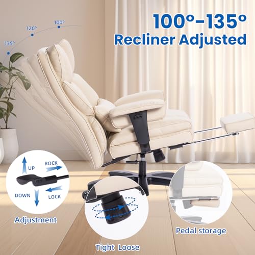 Big and Tall Office Chair with Foot Rest,Heavy Duty Office Chair(Beige) | PU Leather High Back Wide Desk Chair, Comfortable Executive Office Chair,135° Reclining, Adjustable Padded Armrests - color: Beige