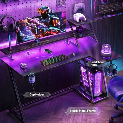Korfile 47 Inch Gaming Desk with LED Lights & Power Outlet, L Shaped Computer Desk with Storage Shelves, Gamer Workstations with Monitor Stand for Bedroom, Carbon Fiber Black | L Shaped Computer Desk, Gamer Workstations, Storage Shelves, Monitor Stand, fo