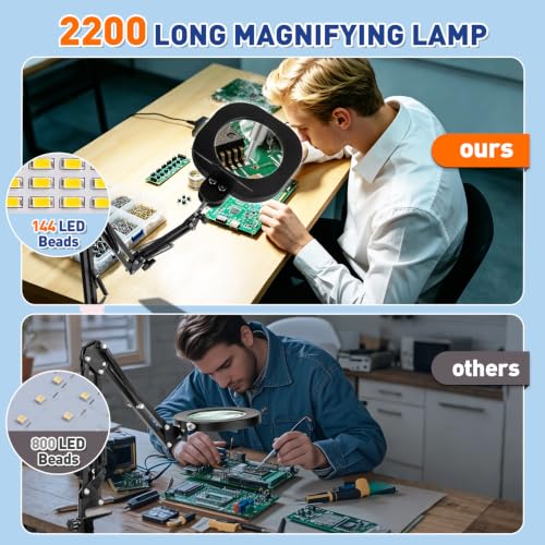 HITTI 2200 Lumens 12X Magnifying Glass with Light and Clamp, 5-Inch Glass | Real Lens, 5 Color Modes, Stepless Dimmable, LED Lighted Magnifier Stand for Workbench, Craft, Soldering, Reading, Painting - size: 12X 5Inch Large Glass