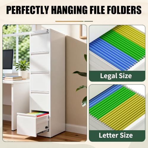 5 Drawer File Cabinet for Home Office, Vertical Filing Cabinet - color: White, size: 64.2"H - 5 Drawer