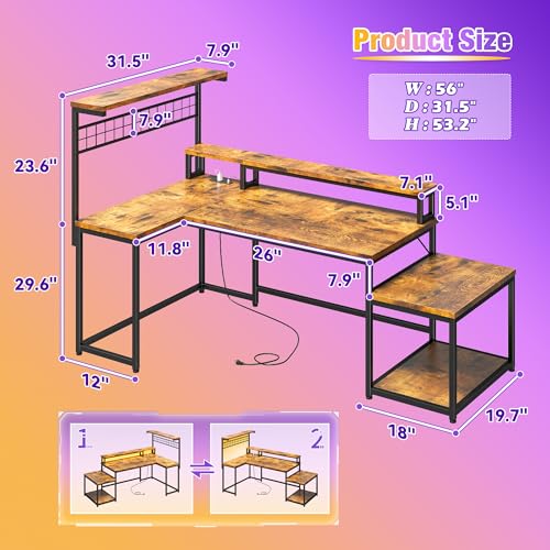 EnHomee 56" L Shaped Desk with Power Outlets & LED Lights for Bedroom,Brown - color: Rustic Brown, size: 56"W