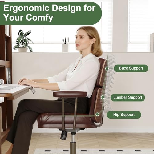 Mid-Century Modern Ergonomic Office Chair, Mid Back & Tufted, Brown | Faux Leather Executive Desk Chair, Walnut Bentwood Frame, Tufted Design, Swivel Computer Chair for Home Office, 300LBS Cap - color: Brown, size: Mid Back Style