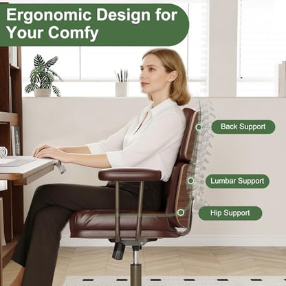 Mid-Century Modern Ergonomic Office Chair, Mid Back & Tufted, Brown | Faux Leather Executive Desk Chair, Walnut Bentwood Frame, Tufted Design, Swivel Computer Chair for Home Office, 300LBS Cap - color: Brown, size: Mid Back Style