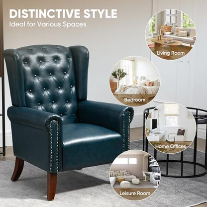 MOJAY Modern PU Leather Accent Chair, Living Room Lounge Sofa Chair with Buttons, Single Club Armchair with Rivet Trim for Bedroom Home Reception (DarkBlue) - color: Blue, size: Set of 1