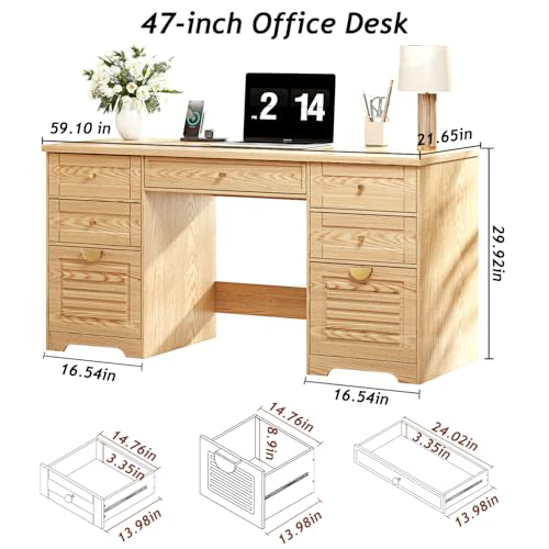 Ieejdn 59" Home Office Desks, Executive Desk, Farmhouse Computer Desk with 7 Drawers and Charging Station, File Drawer, Rustic Computer Writing Desk,Antique Wood - color: Wood, size: 59"