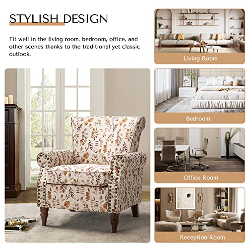 HULALA HOME Traditional Floral Accent Chair with Solid Wood Legs, Yellow | Comfy Upholstered Armchair Reading Chair with Rolled Armrests, Nailhead Trim, Removable Cushion, for Living Room Bedroom - color: Yellow