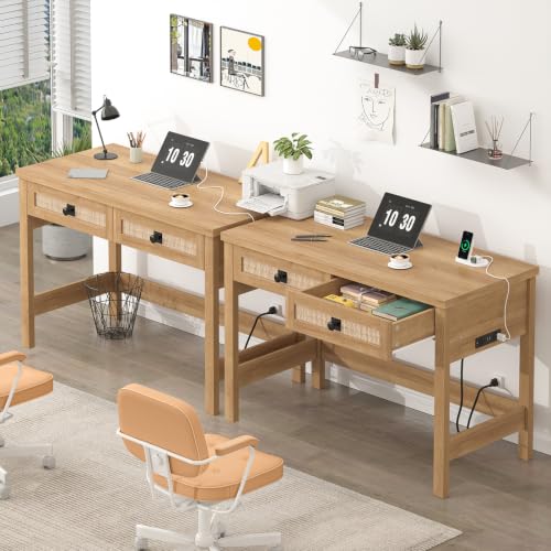 YOMILUVE Rattan Computer Desk with 2 Drawers, 39 Inch Small Desk with Power Outlets, Farmhouse Boho Vanity Desks, Compact Writing Study Table for Small Spaces, Oak - color: Oak