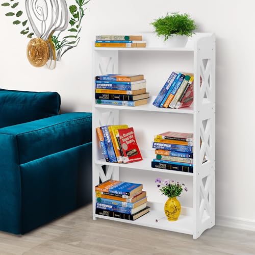 White Bookcase by Natural Wood, 4 Tier Bookshelf, Small Book Shelves Freestanding Display Storage Shelves. Open Bookshelf for Bedroom, Living Room and Office (White, 4 Tier) - color: White, size: 4 Tier