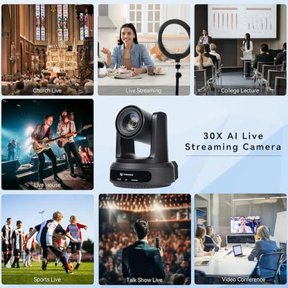 TONGVEO AI Auto-Tracking IP PTZ Camera SDI/HDMI/USB3.0/LAN PoE 30X Optical + 8X Digital Zoom 1080P 60fps for Live Streaming Church Services Education Video Conference with OBS vMix and More - color: Onyx