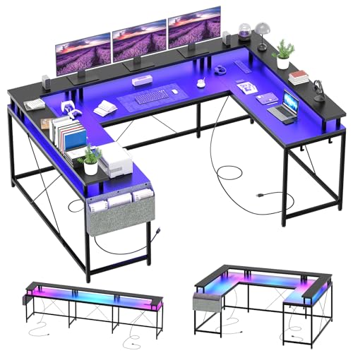 Jojoka U Shaped Computer Gaming Desk, Reversible L Shaped Desk with Power Outlets, LED Strip & Monitor Stand, Large Corner Desk with Storage Shelves for Home Office, Black - color: Black