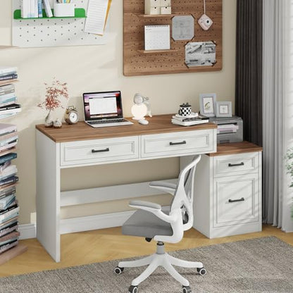 Vabches 61" Farmhouse Computer Desk with Storage and File Drawer | Executive Desks with Printer Stand, Rustic Large Home Writing Desk for Home Office - color: Unique White