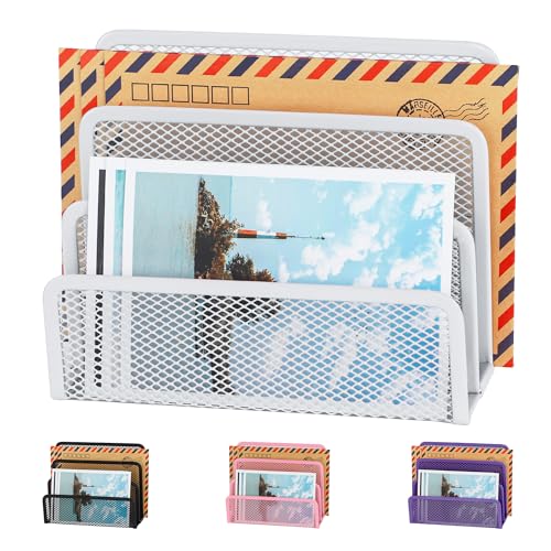 Desk Mail Organizer, Office Small Desktop Metal Mesh Envelope Letter Sorter Paper File Holder Organizer with 3 Vertical Upright Compartments, White 1 Pack - color: White, size: 1 Pack
