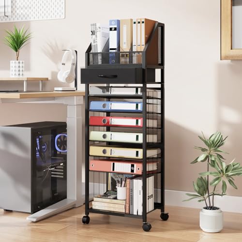 SWTYMIKI 9-Tier Rolling File Cart - Paper Organizer with Drawer and Trays, Wood Desk Office Organizer, Office Organization and Binder Storage for Workspace, Home, School, Black - color: Black, size: Standing Type