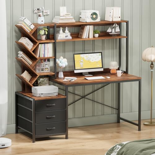 YOMILUVE 52" Computer Desk with Bookshelf, 3 Drawers ＆ Hutch for Bedroom | Office Desk with Printer Shelf, Study Writing Desk with Storage Shelves, Rustic Brown - color: Rustic Brown