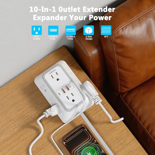 Power Strip Extension Cord - 6 Outlets and 4 USB (2 USB C), 5FT Braided Cord with Ultra Thin Flat Plug, 3 Side Outlet Extender with Overload Protection, Travel, Cruise Ship, Dorm Room Essentials-ETL - color: White wiht 5FT Cord
