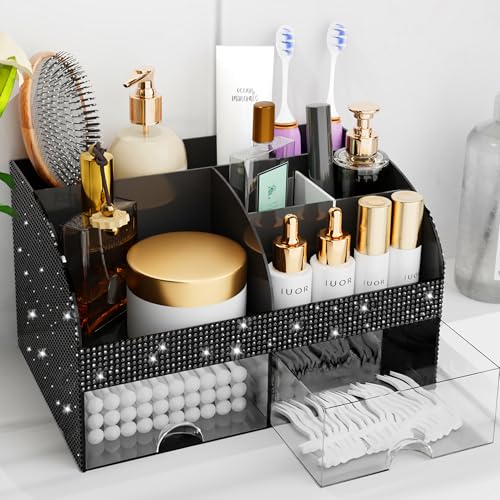 Bling Makeup Organizer with Drawers, Cosmetic Storage for Dresser Vanity and Bathroom Countertop, Beauty Holder for Lipstick Brush, Skincare Organizer for Vanity, Cosmetic Display Case Bling Black - color: Bling Black