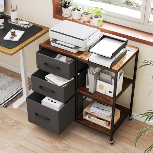 GOFLAME 3 Drawer Mobile File Cabinet with Charging Station, Rolling Printer Stand with Open Storage Shelves, Wooden Storage Cabinet on Wheels for Home Office (Rustic Brown and Gray) - color: Rustic Brown and Gray