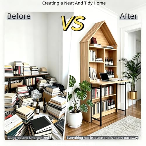 73.22" Folding Craft Desk with Storage Shelves & Hideaway Bookshelf, Wood - color: Brown, size: 31.5"L x 11.42"W x 73.22"H