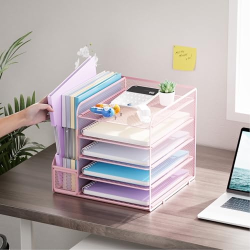 Marbrasse Desk Organizers and Accessories, 5-Tier Paper Letter Tray Organizer with File Holder, Mesh File Organizer, Office Desk Accessories & Organization for Supplies (Pink) - color: Pink