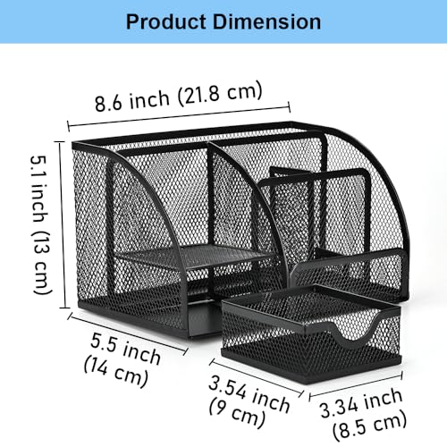 Desk Organizer Stationery Storage, Pencil Holder for Desk, Wire Mesh Office Supplies Journals Notebooks Organizers with 7 Compartments and Mini Drawer (Black) - style: 7 Compartments