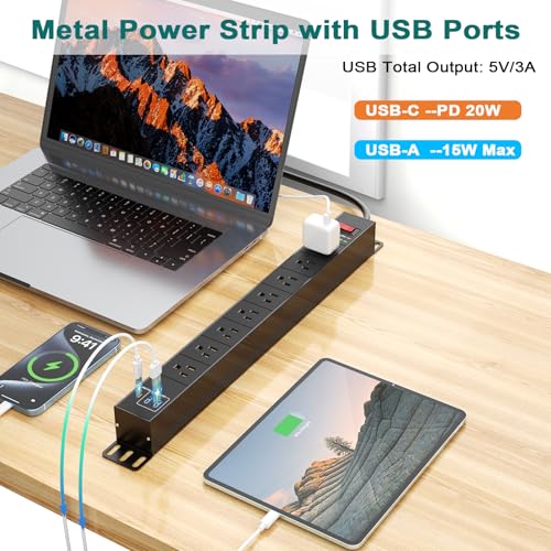 QBA 8 Outlet Metal Power Strip with USB C PD 20W, Heavy Duty Wide Spaced Outlets, Wall Mount for Home Office Garage Workshop, 6ft Cord, Black